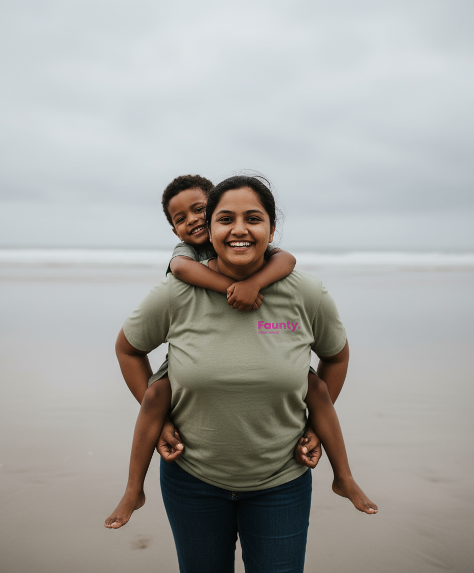 Woman carrying a child on her shoulders with a cloudy sky background