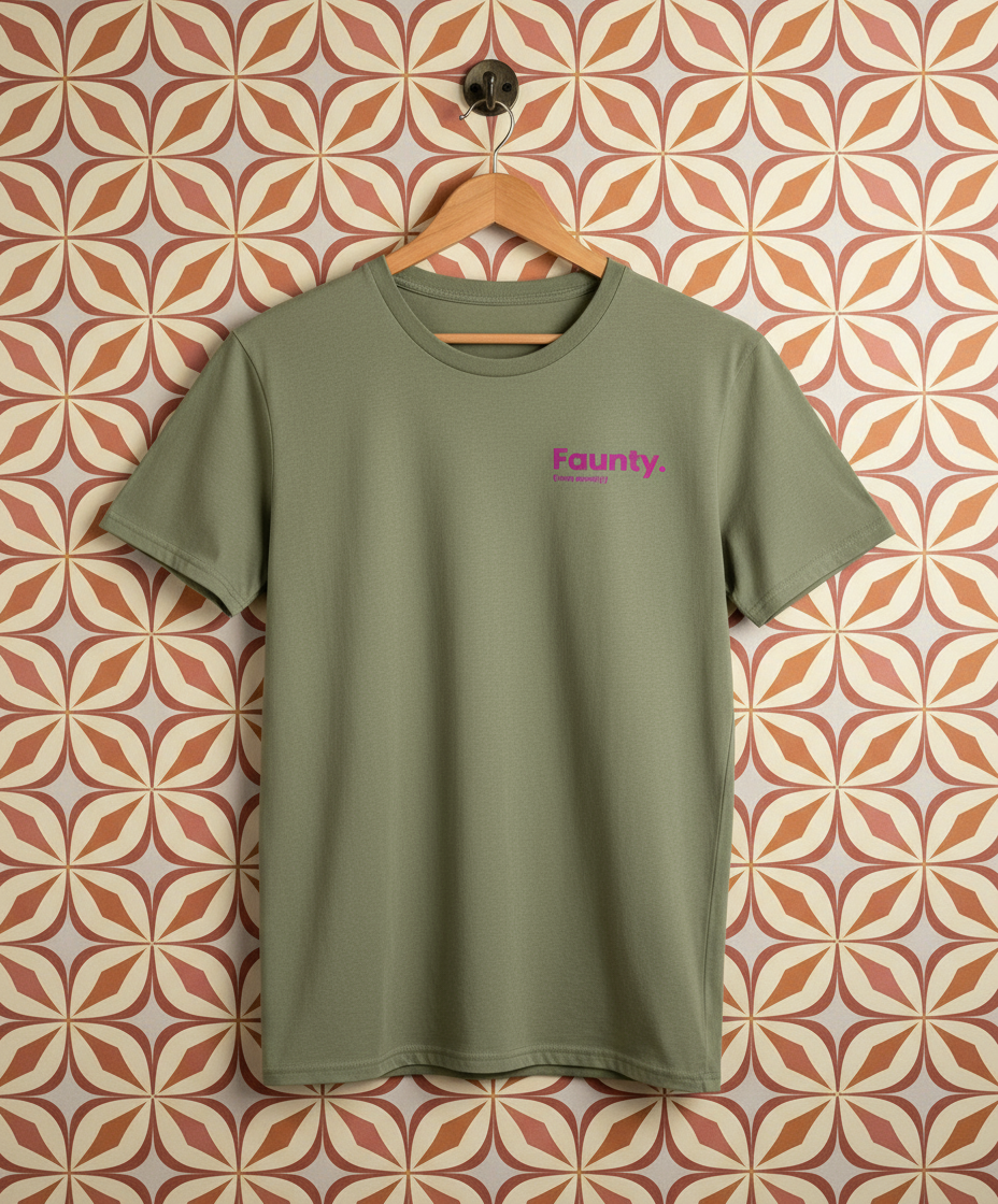 Green t-shirt with 'Faunty' logo on a hanger against a patterned wall.