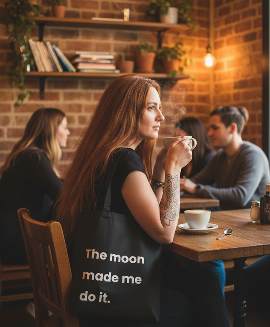 Woman sitting at a table in a cozy cafe, holding a steaming cup of coffee with a black bag featuring text.