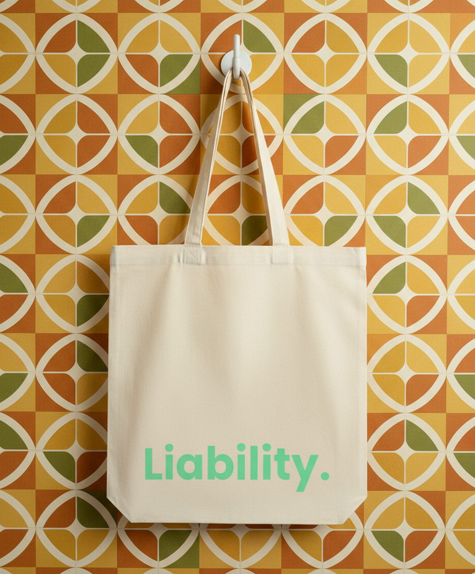 Beige tote bag with 'Liability.' text on a geometric patterned wall.
