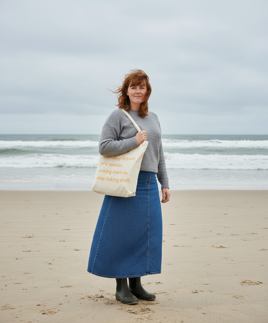 Woman standing on a beach holding a tote bag with text, wearing a gray sweater and blue skirt.