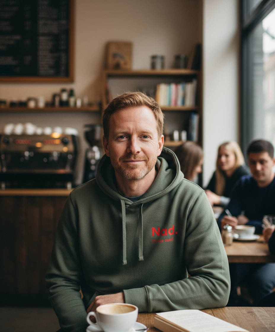 Man in a green hoodie with a logo sitting at a table in a cafe.