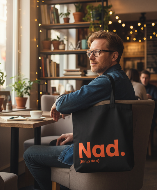Man sitting in a cafe with a tote bag labeled 'Nad. (Ninja dad)'