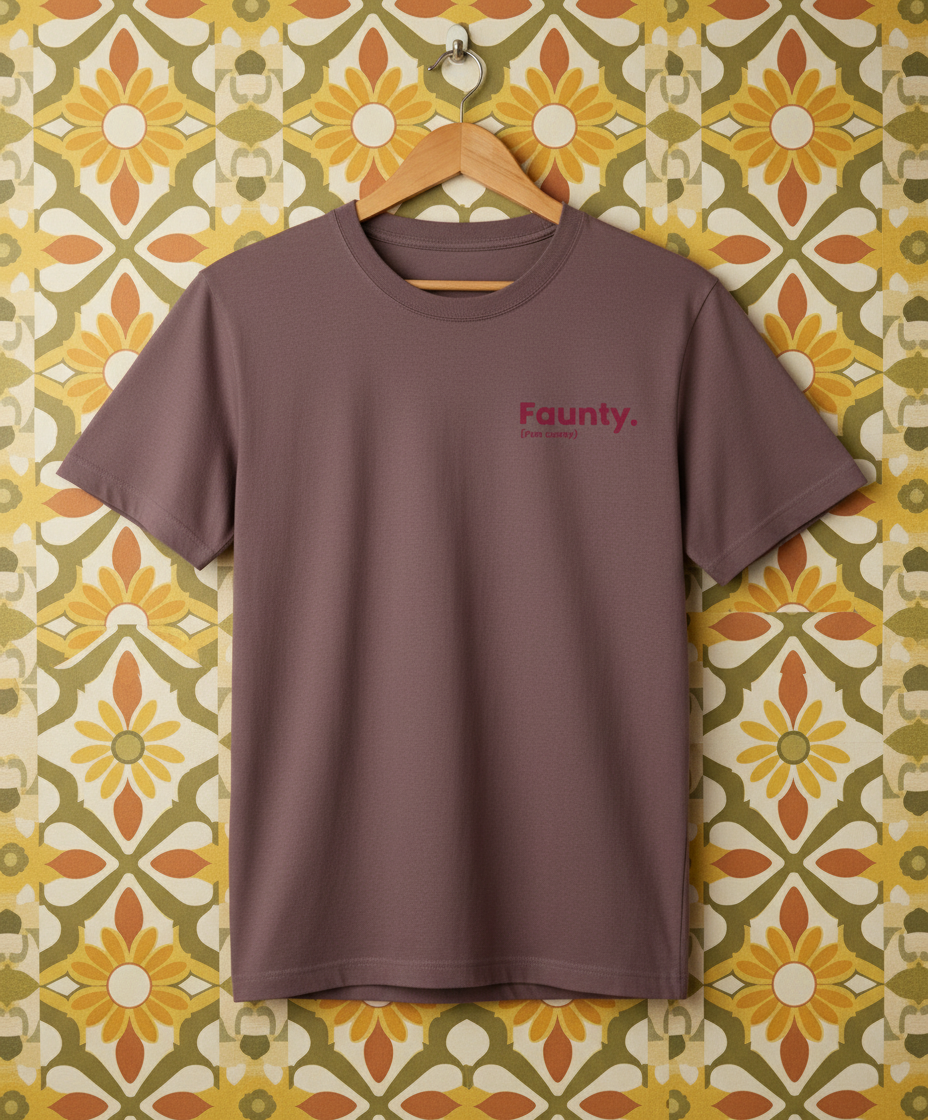 Brown t-shirt with 'Faunty' text on a hanger against a patterned wall.