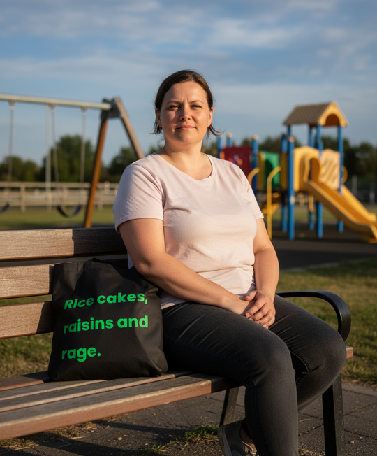 Woman sitting on a bench with a black bag next to her at a playground.