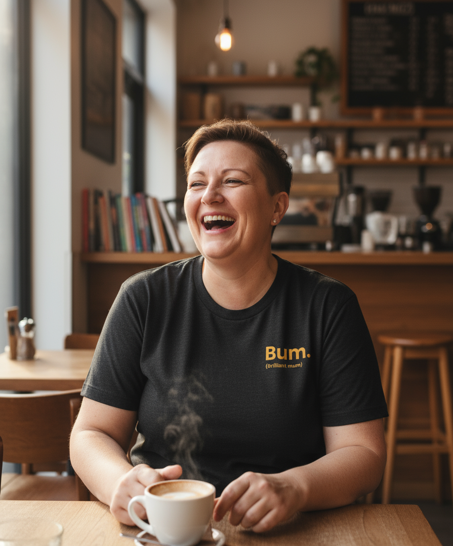 Person sitting at a table in a cafe holding a steaming cup of coffee, wearing a black t-shirt with 'Bum' branding.