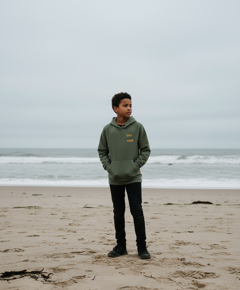 Person wearing a green hoodie standing on a beach with ocean waves in the background