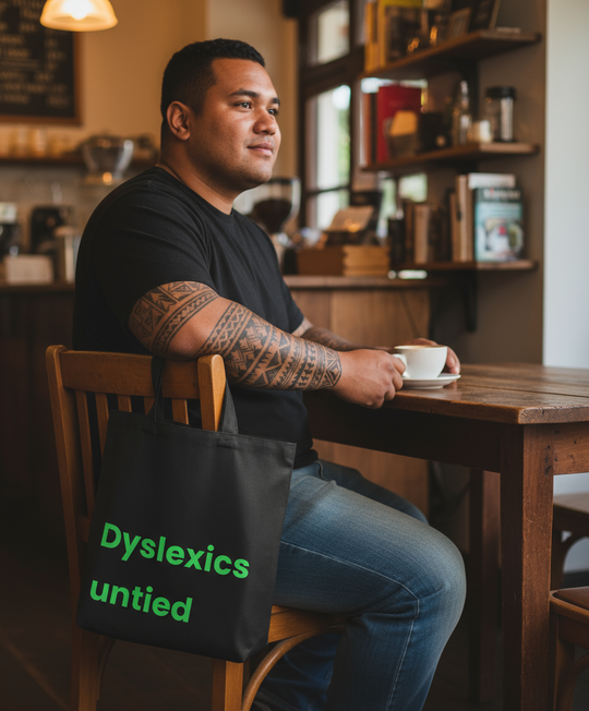Man sitting at a table in a cafe with a 'Dyslexics untied' tote bag.
