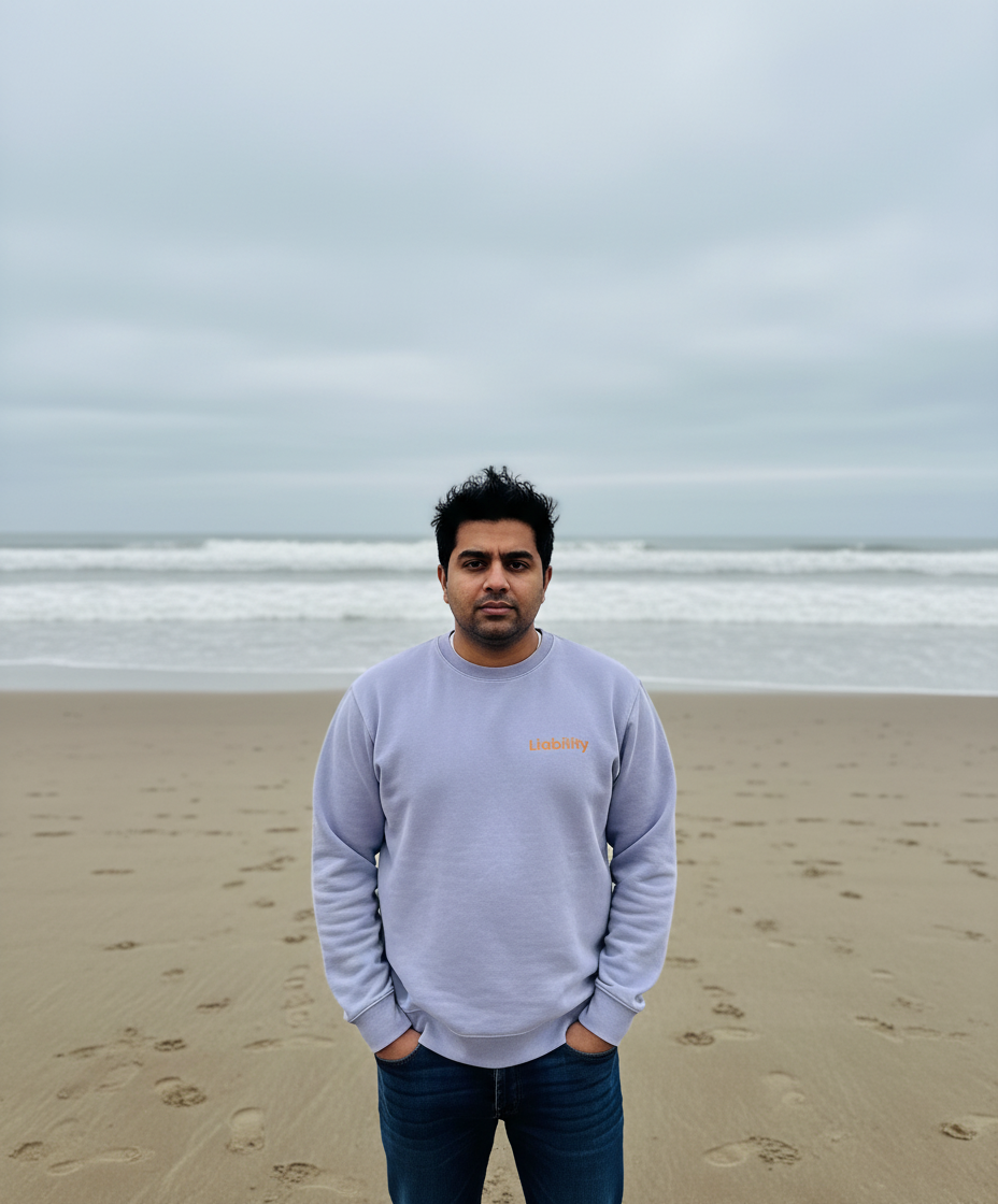 Man standing on a beach with light purple sweater and jeans, looking at the camera