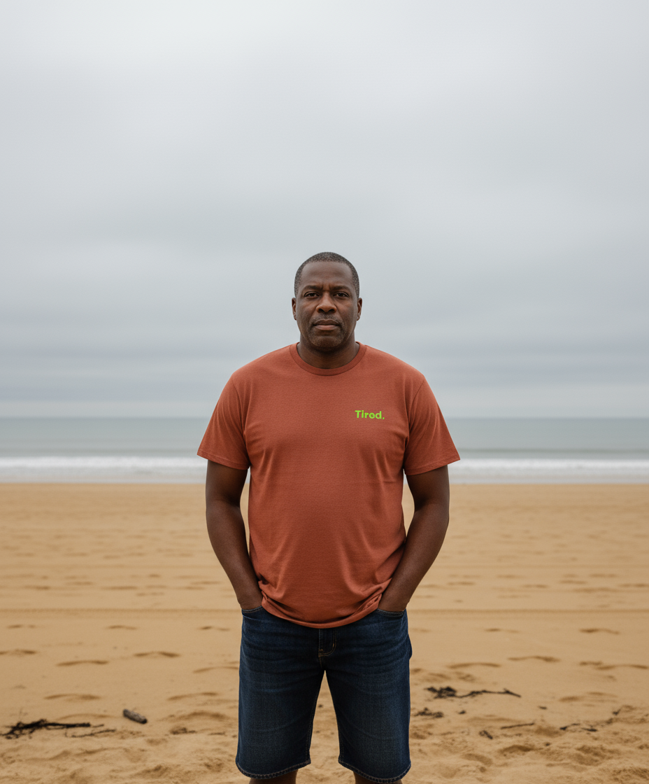 Man standing on a beach wearing an brown t-shirt with a logo.