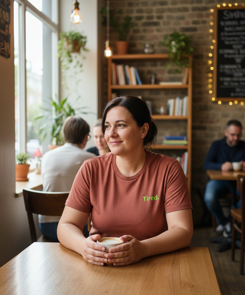 Woman sitting at a table in a cozy cafe holding a cup.