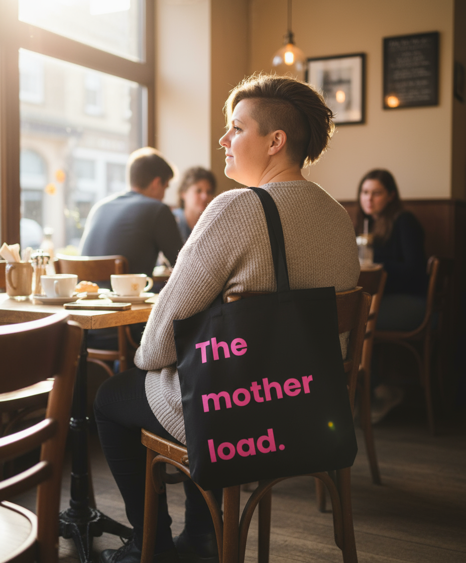 Woman sitting in a cafe with a tote bag labeled 'The mother load.'