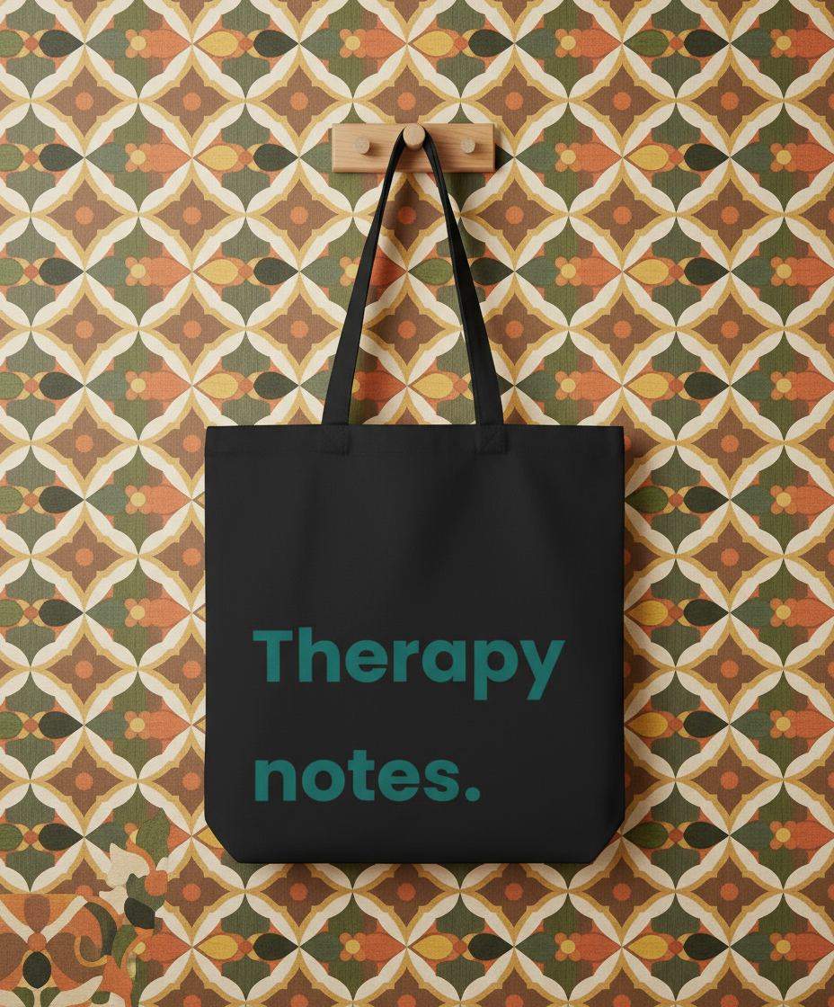 Black tote bag with 'Therapy notes.' text on a patterned wall