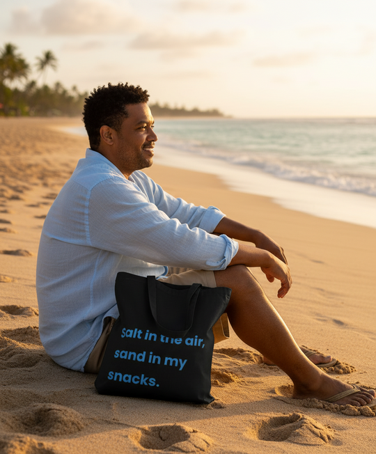 Man sitting on the beach with a bag labeled 'salt in the air, sand in my snacks'.