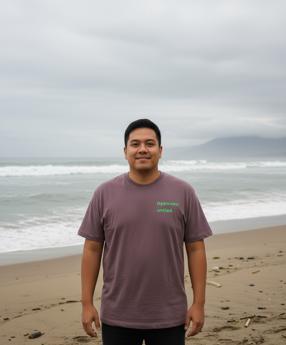 Man standing on a beach wearing a purple t-shirt with text.