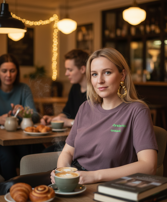 Woman sitting at a table in a cozy café with a cup of coffee and pastries.