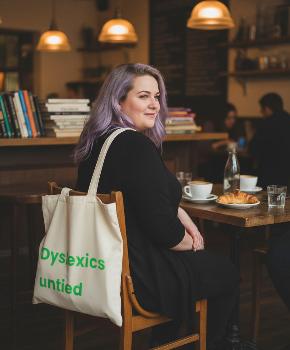 Person with purple hair sitting at a table in a café with a 'Dyslexics untied' tote bag.