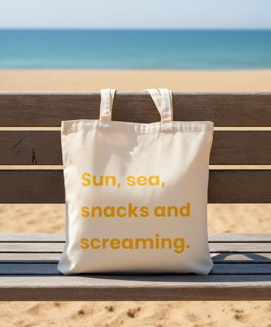 Beige tote bag with 'Sun, sea, snacks and screaming.' text on a beach bench with ocean view
