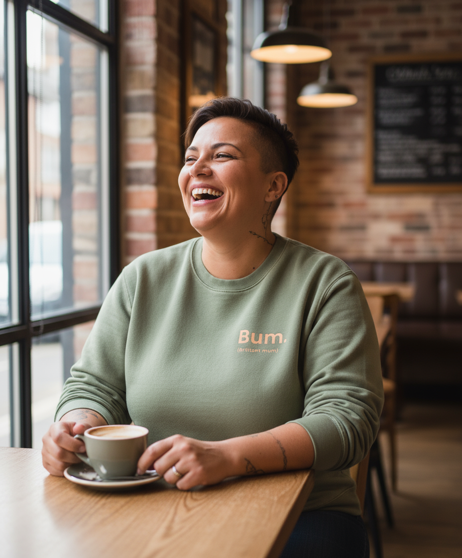 Person wearing a green sweatshirt with 'Bum' logo, sitting at a table with a coffee cup in a cozy indoor setting.