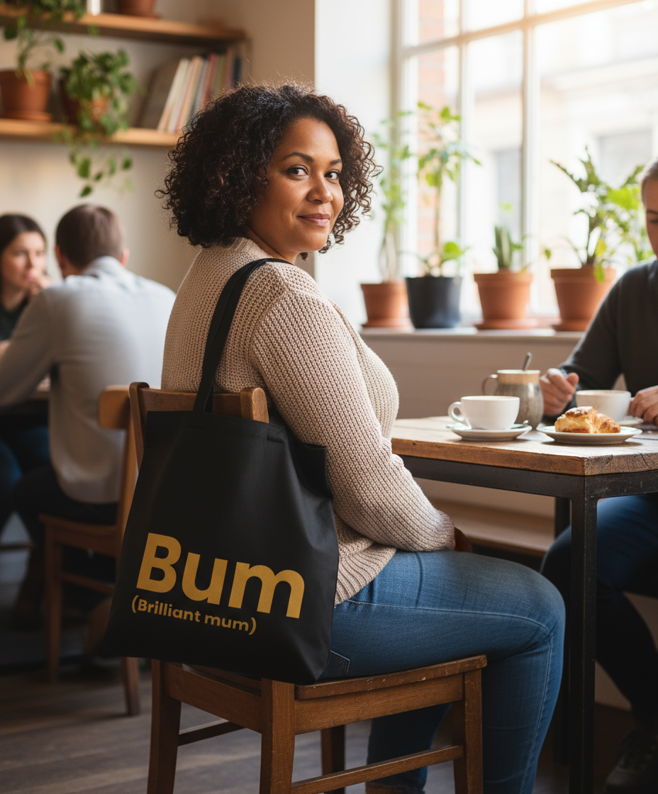 Woman sitting at a cafe table with a 'Bum (Brilliant mum)' bag, surrounded by plants and other patrons.