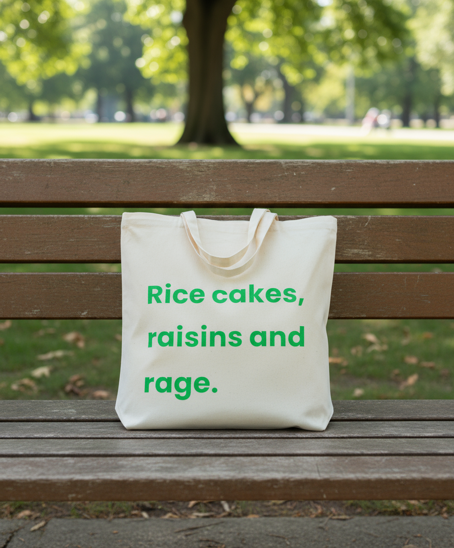 Tote bag with text 'Rice cakes, raisins and rage.' on a park bench.