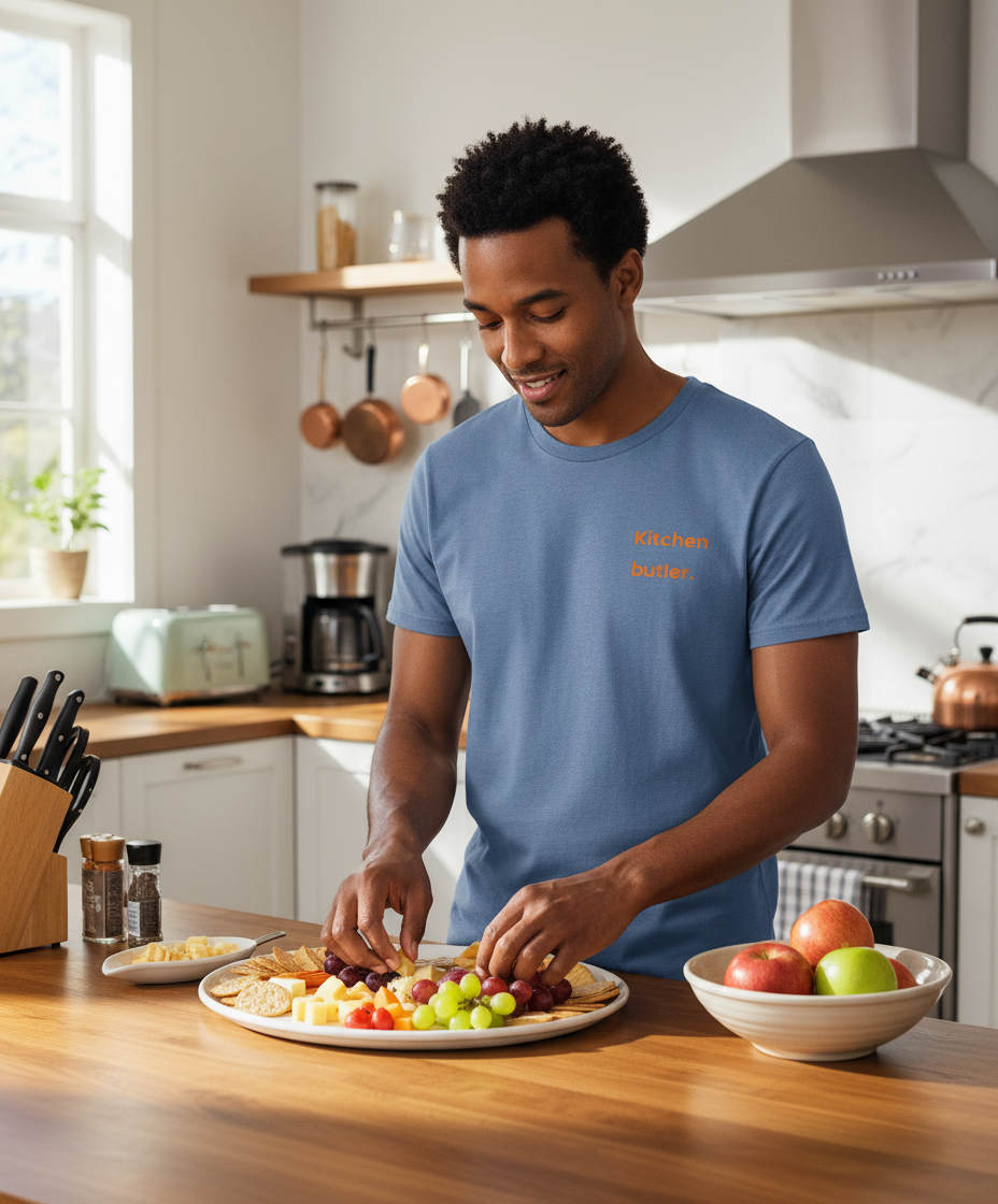 Man in a kitchen preparing food on a wooden counter