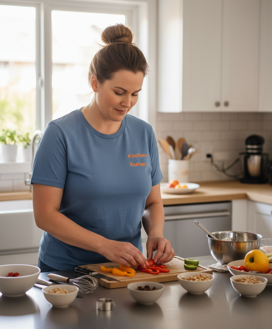 Woman in a kitchen preparing food, wearing a blue 'Kitchen Butler' t-shirt.