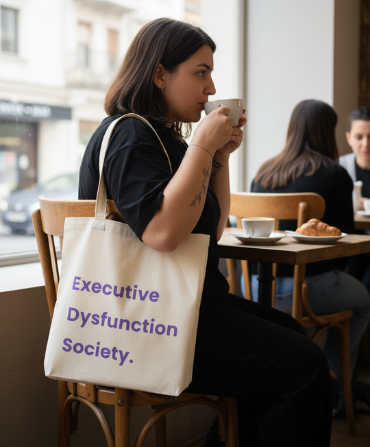 Person sitting in a cafe holding a cup with a tote bag labeled 'Executive Dysfunction Society'.
