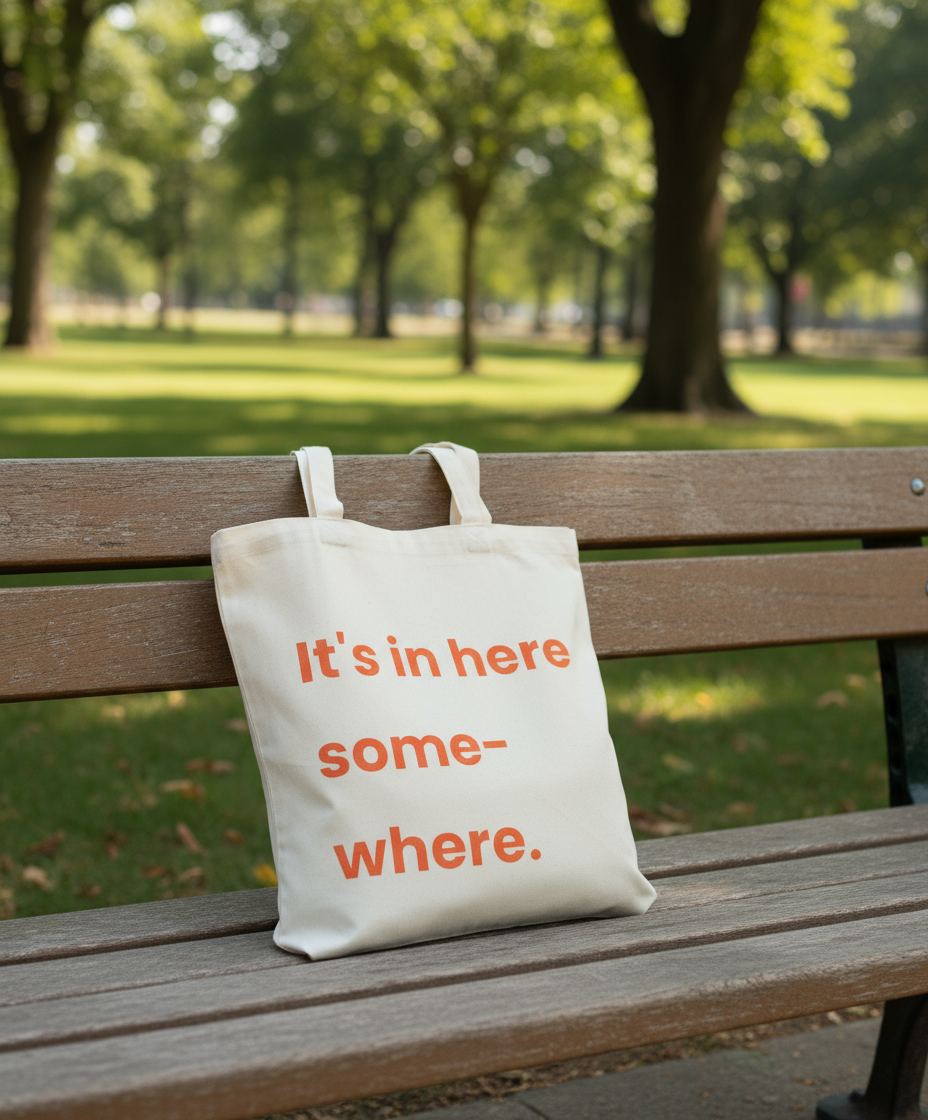 Tote bag with text 'It's in here some- where.' on a park bench