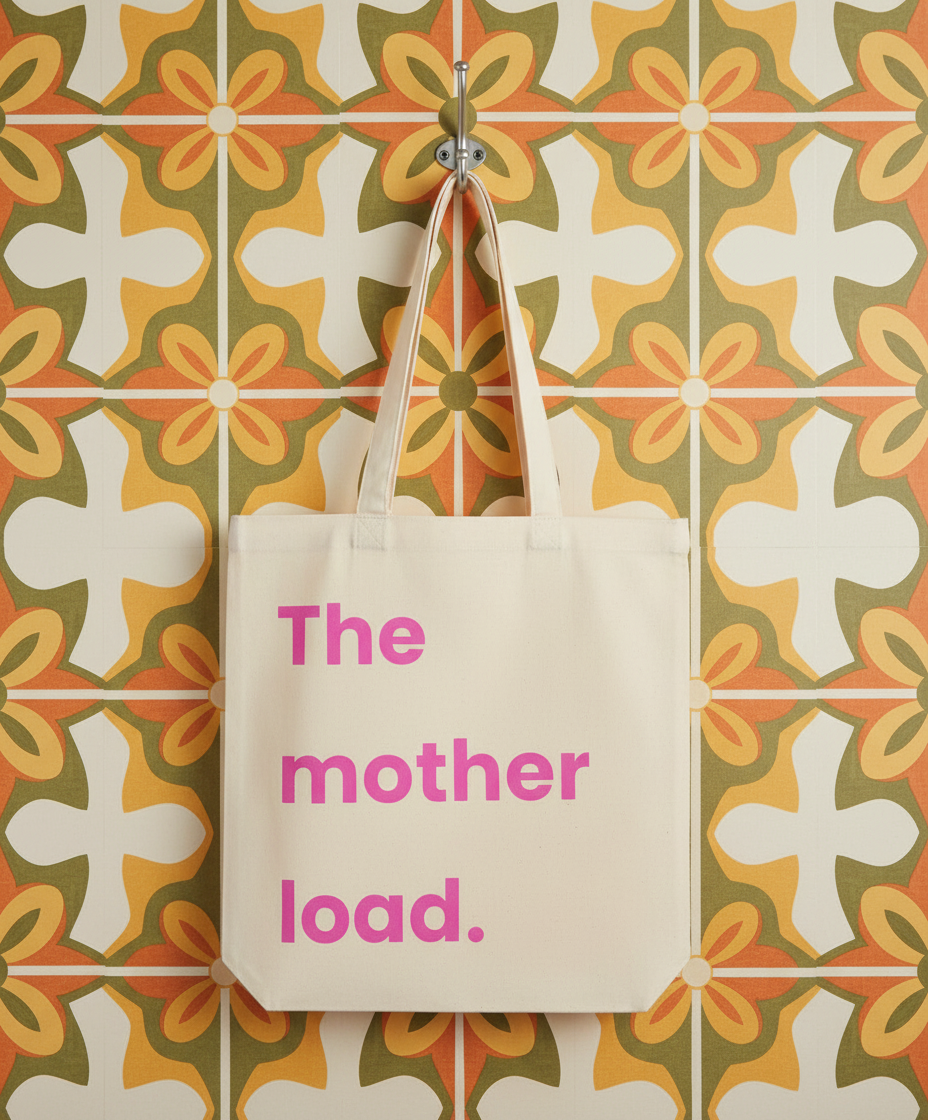 Beige tote bag with 'The mother load.' text on a patterned wall.