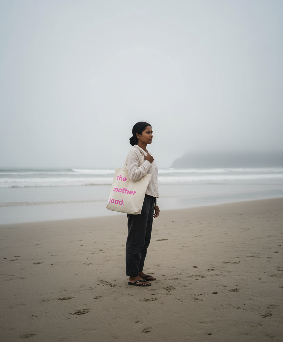 Person holding a tote bag on a beach with a foggy background