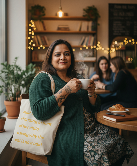 Woman holding a cup in a cozy cafe setting with other patrons in the background
