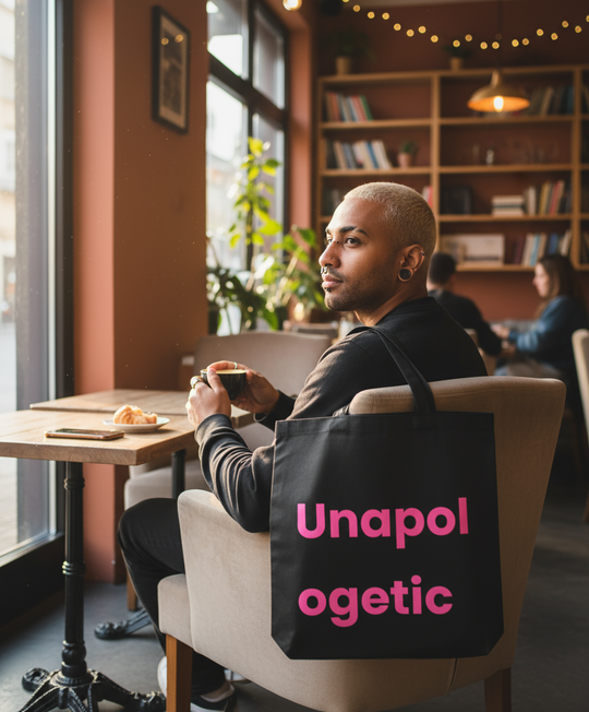 Man sitting in a cafe with a tote bag labeled 'Unapol ogetic'