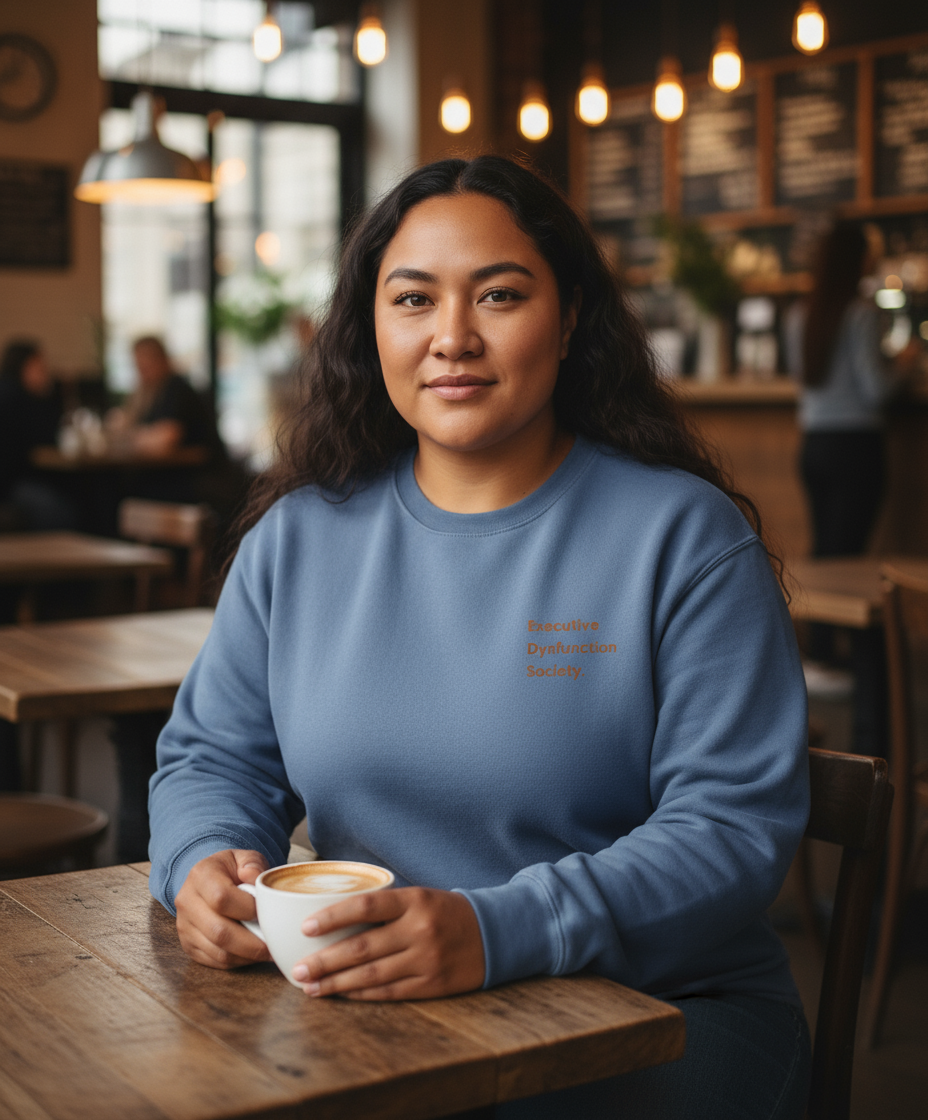 Woman in a blue sweatshirt holding a coffee cup in a cosy cafe.
