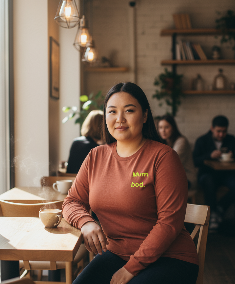 Woman sitting at a table in a cafe wearing a brown shirt with 'Mum bod.' text.
