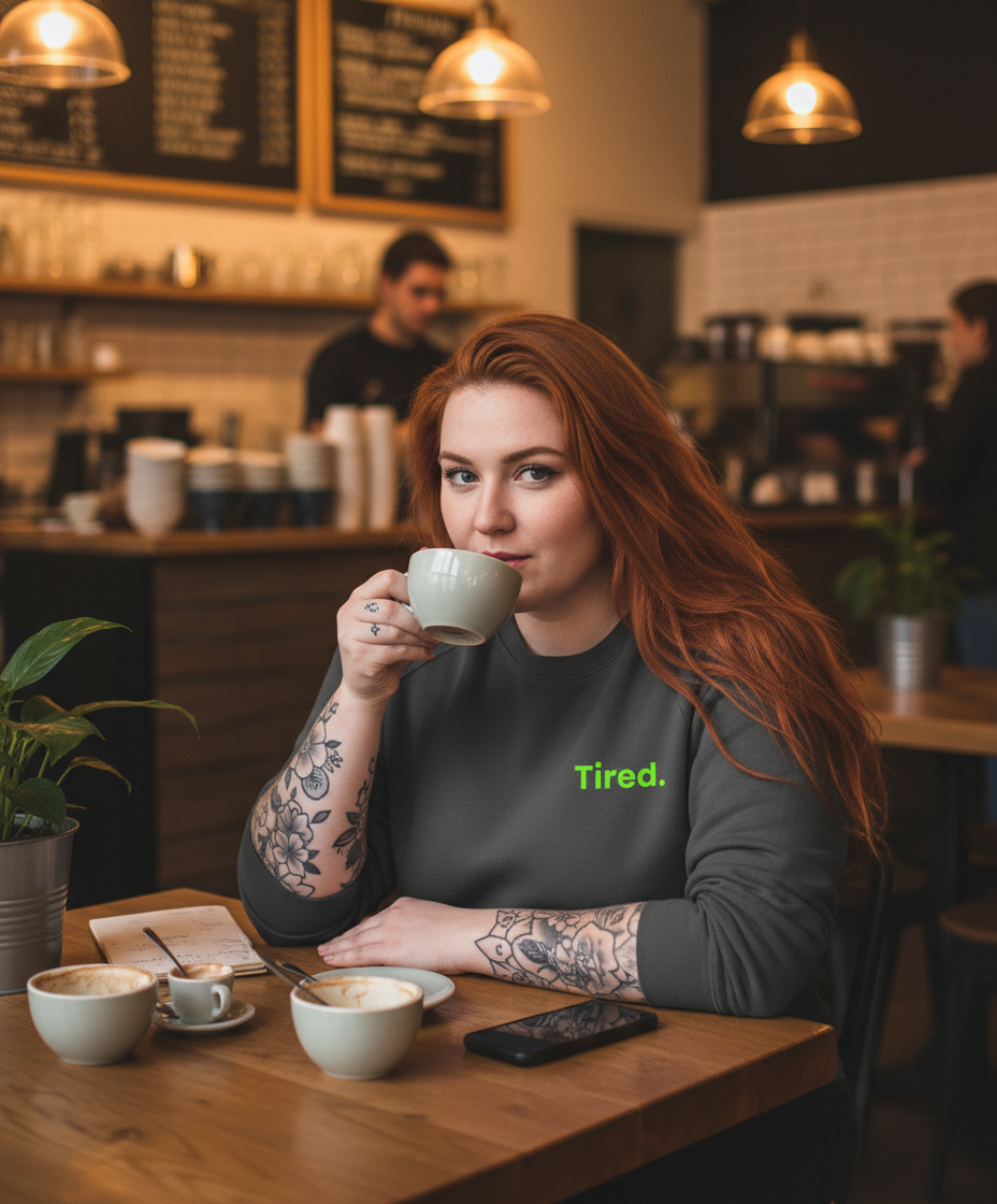 Woman sitting at a table in a coffee shop holding a cup with 'Tired.' text on her sweater