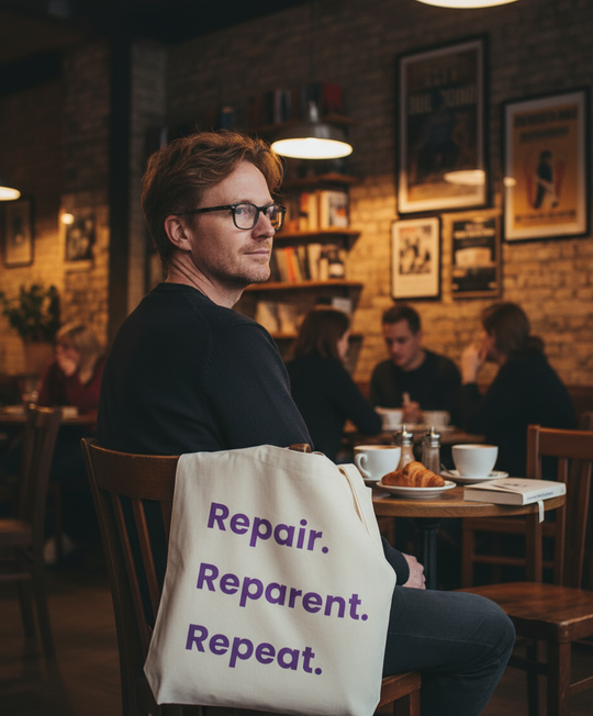 Man sitting in a cafe with a tote bag that reads 'Repair. Reparent. Repeat.'
