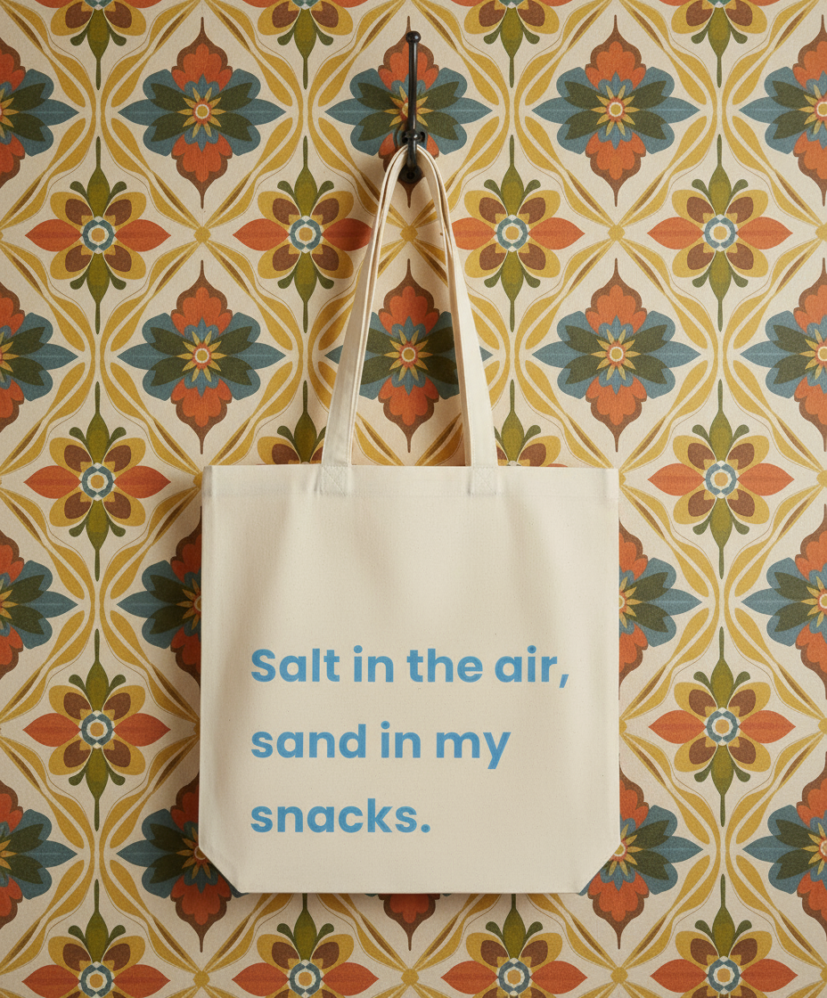 Tote bag with text 'Salt in the air, sand in my snacks' on a floral patterned wall.