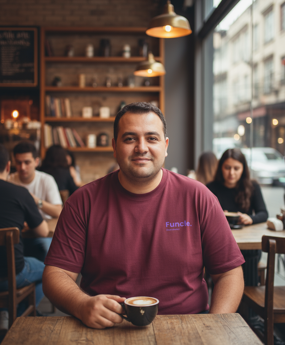 Man in a maroon 'Funcle' shirt holding a coffee cup in a cafe.