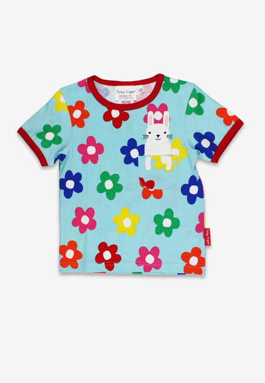 Organic Rainbow Bloom Bunny Pocket Applique Short-Sleeved T-Shirt