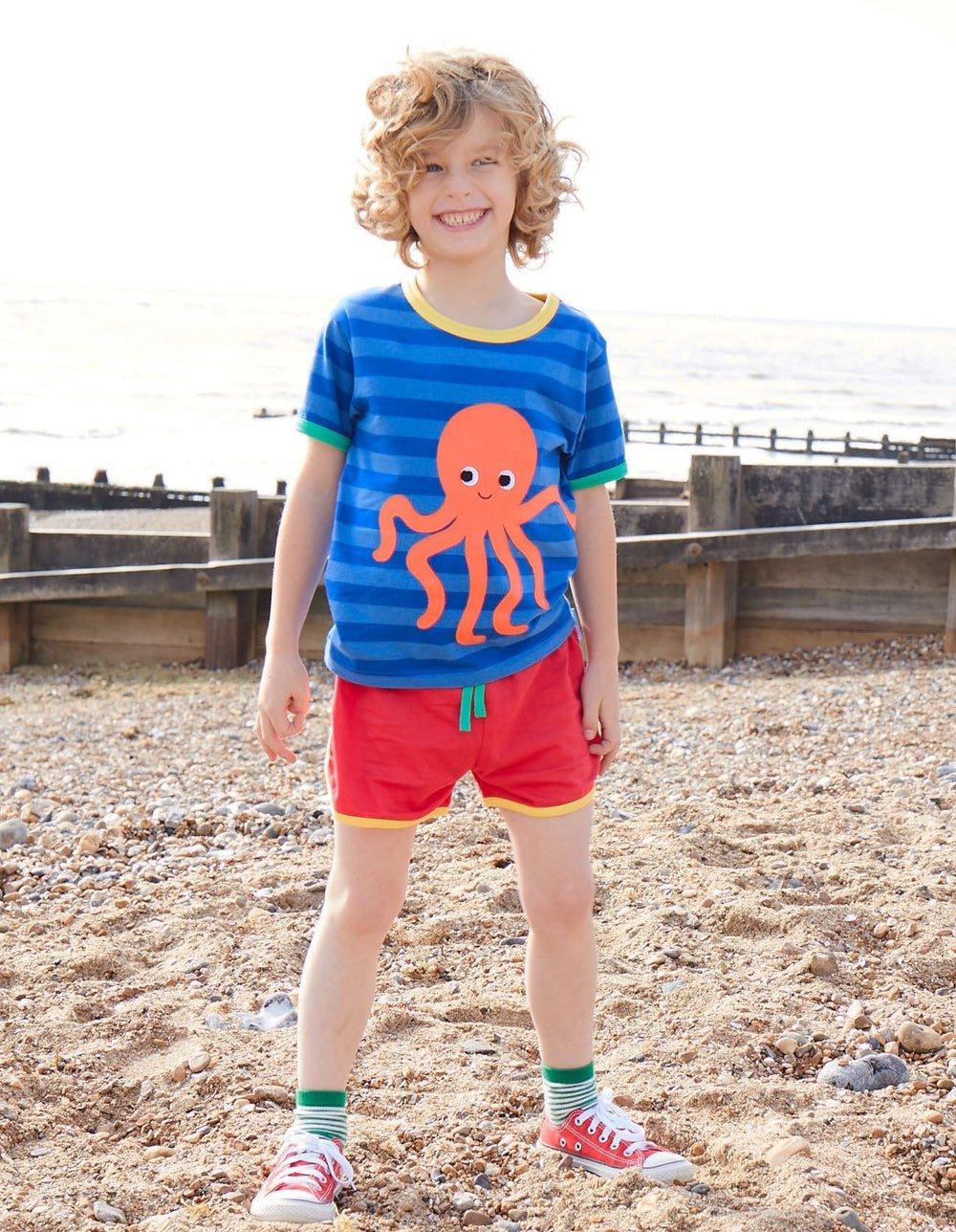 Organic Octopus Applique Dark Blue Striped Short-Sleeved T-Shirt