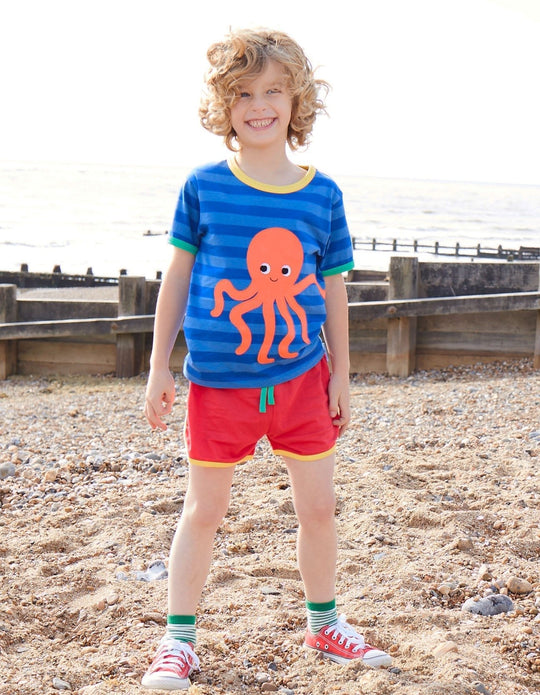 Organic Octopus Applique Dark Blue Striped Short-Sleeved T-Shirt