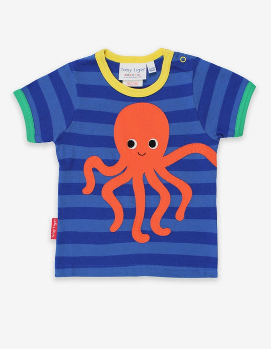 Organic Octopus Applique Dark Blue Striped Short-Sleeved T-Shirt