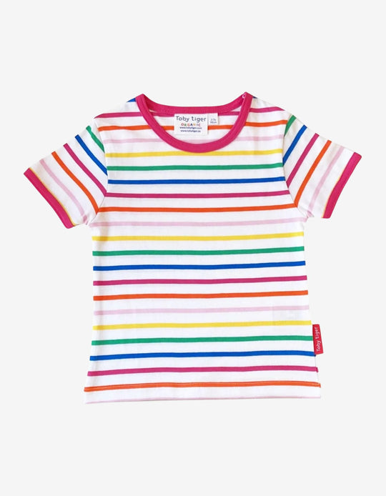 Organic Pink Rainbow Stripe Print Short-Sleeved T-Shirt