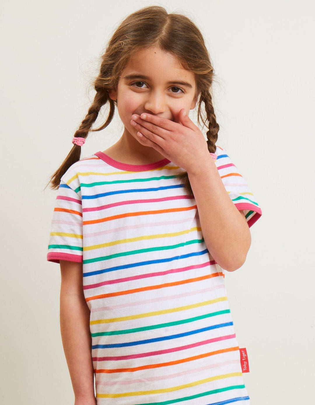 Organic Pink Rainbow Stripe Print Short-Sleeved T-Shirt