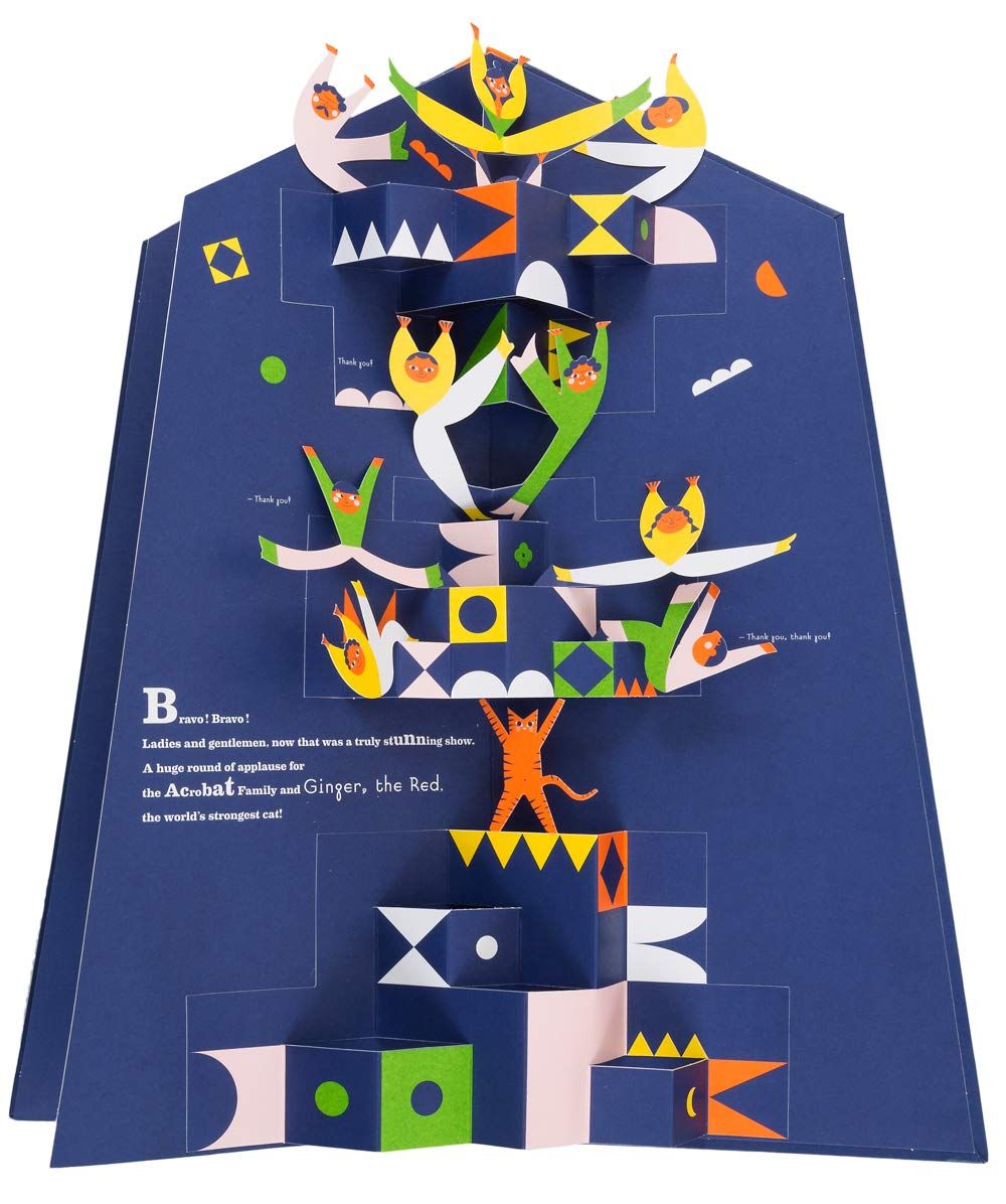 A pop-up book depicting a series of acrobat characters balanced on top of each other in a cascading formation, with vibrant colours and geometric shapes.