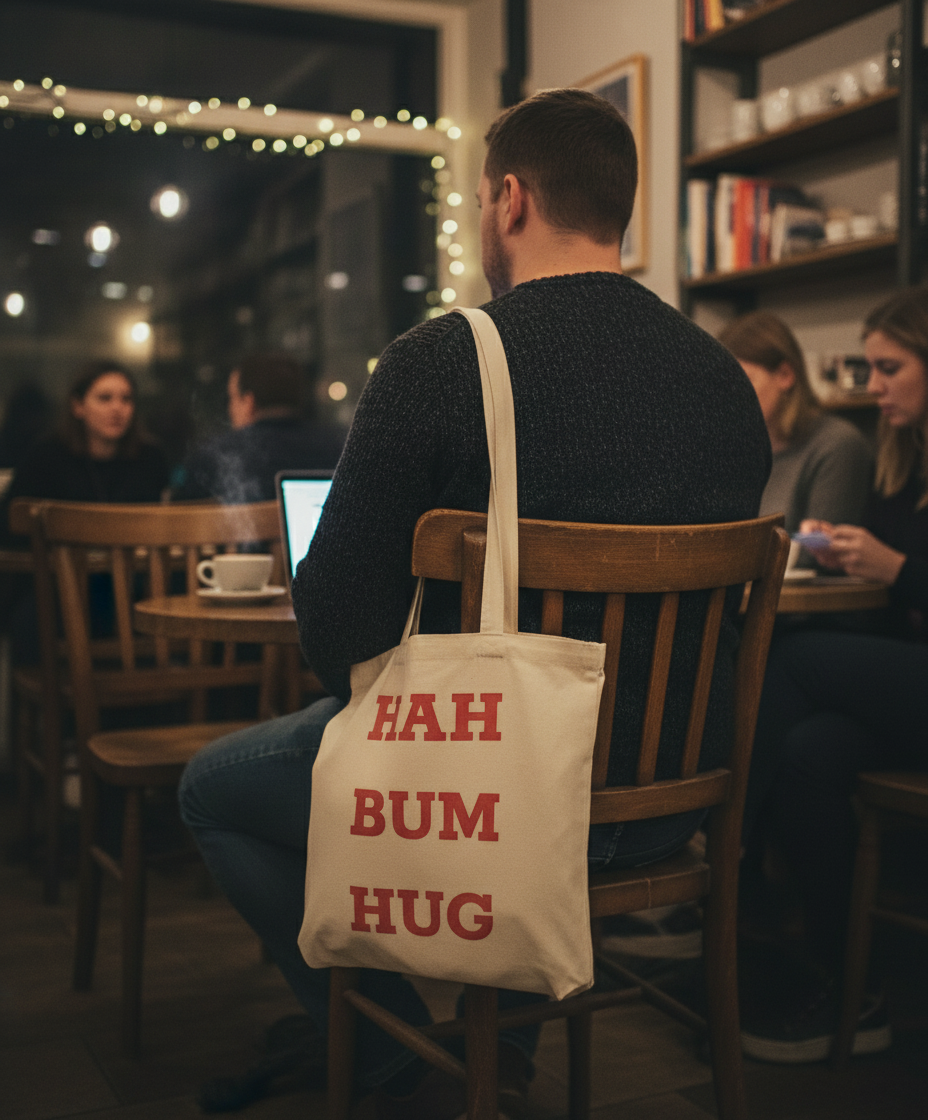 Person sitting in a cafe with a tote bag that says 'Hah Bum Hug'