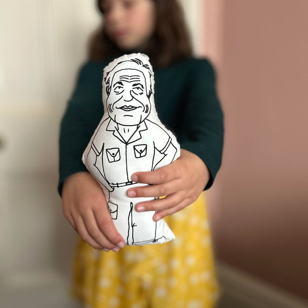A child holding out the screen printed doll cushion of David Attenborough towards the camera
