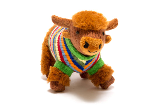 Knitted Baby Rattle - Highland Cow With Stripe Jumper