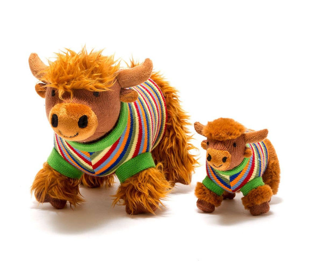 Knitted Baby Rattle - Highland Cow With Stripe Jumper